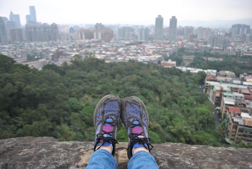 my shoes on the edge of a rock on Elephant Mountain Viewpoint, Taipei